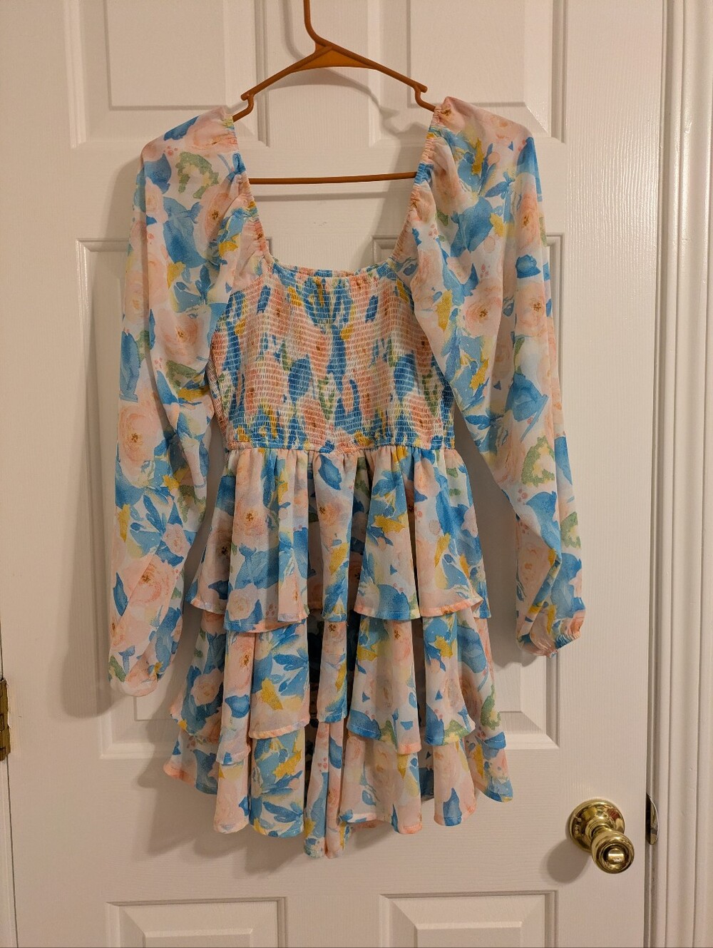 entro Floral Tiered Smocked Dress - Blue, Pink & Yellow